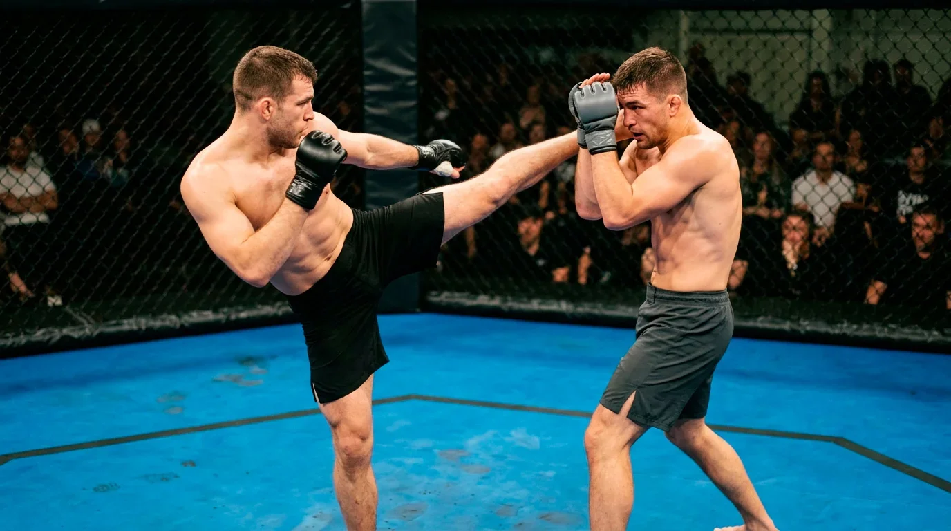 MMA-gevecht in de UFC-octagon met twee vechters in actie